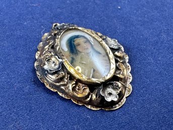 14K Yellow Gold Hand Painted St. Theresa Pendant, Vintage Religious