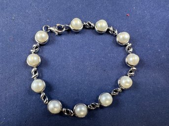 Sterling Silver Station Bracelet With Pearls, 7