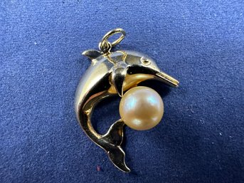 14K Yellow Gold Pearl Dolphin Pendant