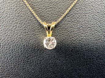 14K Yellow Gold Diamond Pendant Necklace On 14K Box Chain, New In Box, 18'