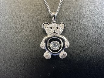 Sterling Silver Dancing Teddy Bear Diamond Simulant Necklace, 18'