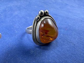 Sterling Silver Amber Ring, Size 7