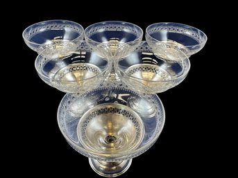Set Of 6 Sterling Silver Dessert Bowls With Etched Glass Inserts
