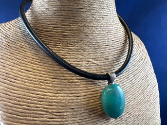 Turquoise Pendant On Leather Adjustable Necklace With Sterling Silver Parts, 16'-18'