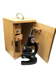 Vintage Toy Microscope In Wooden Cabinet With Specimen Drawers