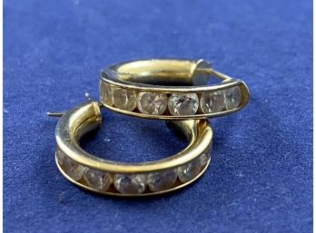 14K Yellow Gold With Channel Set White Saphires? Hoop Earrings