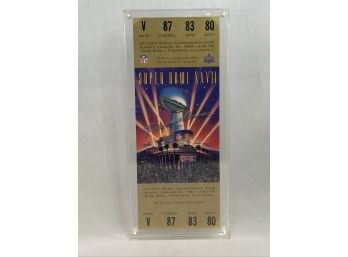 Super Bowl XXVII, 27, 1992 Season Buffalo Bills Vs Dallas Cowboys, Ticket In Plastic Case