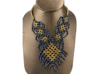 Tribal Sead Beed Necklace, Native American Inspired, Blue And Gold