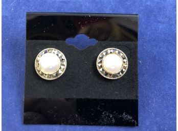 Sterling Silver Pearl With Marcasite Earrings