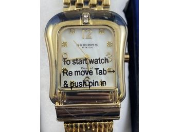 Kribos XXIV Women's Rectangle Diamond Watch, Gold Finish, New In Box, Retail $495