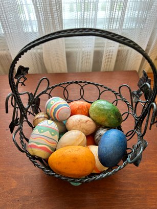 Basket Of Decorative Eggs Stone & Wood Easter Spring Decor