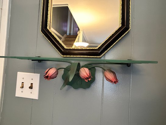 Large Black Mirror With Metal Rose Decorative Shelf