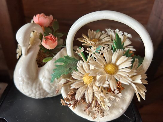 Vintage Small Porcelain Swan And Basket Set