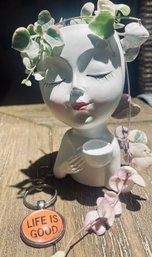 Cute Lady Face & Coffee Planter With Variegated String Of Hearts House Plant