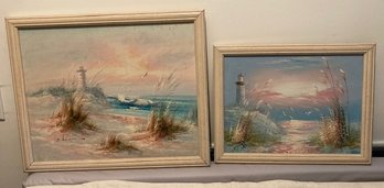 Pair Of Lighthouse Oil Paintings On Canvas Beachscapes