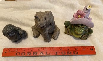 3 Animal Figures - Owls, Elephant & Frog