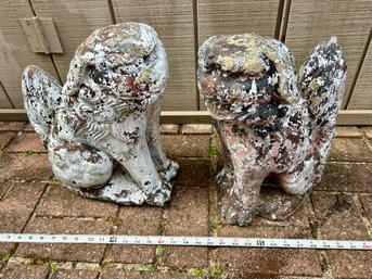 Antique Weathered Asian Foo Dog Pair Garden Front Door Cement Statues