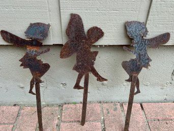 Trio Of Vintage Weathered Metal Garden Pixies Or Fairies Garden Stakes