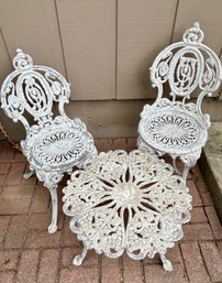 1970s Aluminum Victorian Style Garden Bistro Set - Table & Two Chairs