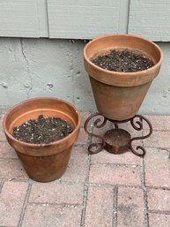 Pair Of Terracotta Pots With Base And Single Metal Pedestal