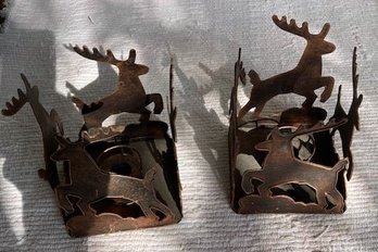 Rustic Metal Pair Of Reindeer Votive Candle Holders