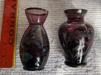 Vintage Hand Blown Amethyst Glass Vases With Silver Floral Overlay