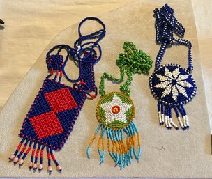 Trio Of Vintage Native American Seed Bead Fringe Tassel Pendant Necklaces