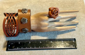 Lot Of Vintage Brown Leather Jewelry - Two Cuff Bracelets And Rose Ring