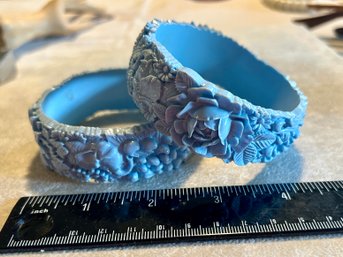 Vintage Pale Blue Carved Celluloid Floral Pair Of Bangle Bracelets