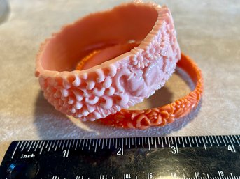 Vintage Pink & Orange Carved Celluloid Floral Pair Of Bangle Bracelets