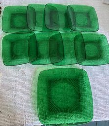 Set Of 9 Emerald Green Color Depression Glass Plates