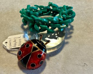 MCM Statement Jewelry Lot - Enamel Lady Bug Brooch & Green Celluloid? Twig Stretch Bracelet