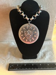 1940s Hammered Aluminum Lion Crest Pendant Necklace