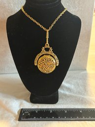 Vintage Goldette Art Nouveau Round Gold Tone Locket Long Chain Necklace