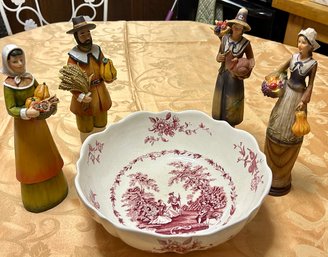 Antique Masons Watteau Ironstone Bowl With Thanksgiving Pilgrim Decor