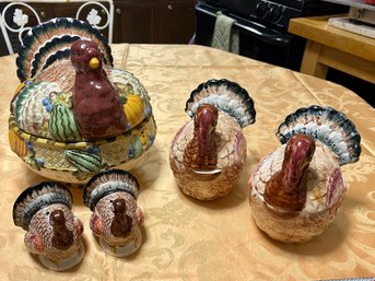 Vintage Made In Italy Thanksgiving Turkey Table Display - 2 Gravy Boats, 1 Tureen, Salt & Pepper