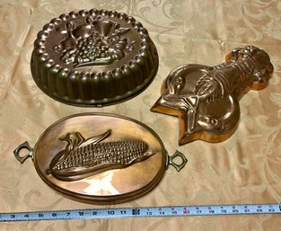 Trio Of Vintage Copper Molds - Lobster, Corn Fall Harvest & Grapes