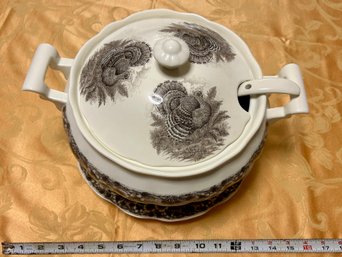 Thanksgiving Brown Churchill Myott Factory Turkey Soup Tureen W/ Matching Ladle