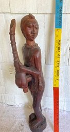 27 Inch Tall Vintage Wooden African Statue With Musical Instrument