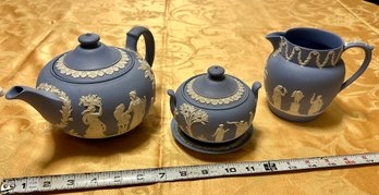 Tea Set Wedgewood England Blue & White Porcelain Tea Pot, Sugar Bowl, Creamer