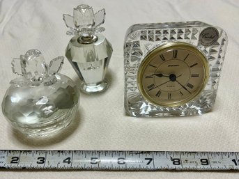 Vintage Staiger German Lead Crystal Desk Clock & Crystal Rose Vanity Bottles