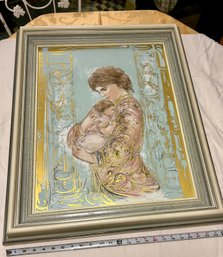 Edna Hibel Flemish Mother And Baby Gold Embossed Large Lithograph On Porcelain