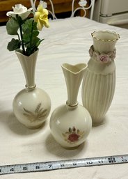 Trio Of Lenox Bud Vases With Ceramic Faux Stemmed Flowers