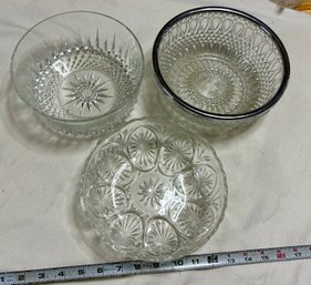 Trio Of Large Leaded Glass Serving Bowls One Signed Arcoroc France