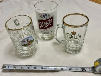 Collection Of Glass Branded Beer Mugs - Carlsberg, Schlitz, Amsterdam