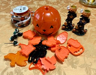 1990s Halloween Lot Pumpkin Container & Plastic Cookie Cutters Molds, Ribbon, Candlesticks