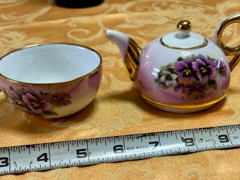 Nantucket Home Pansy Flower Tea Pot & Two Tea Cups