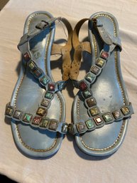 Vintage 1960s Italian Mosaic Tile Block Heel  Blue Sandals - Size 7.5 Women's Shoe