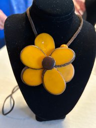 Vintage Enamel Large Yellow Flower Pendant Necklace