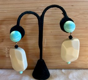 Vintage Turquoise And White Faux Gemstone Dangle Clip-On Earrings